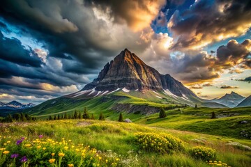Fototapeta premium Rugged Conical Mountain Under Dramatic Sky Over Expansive Plains - Nature Landscape Photography