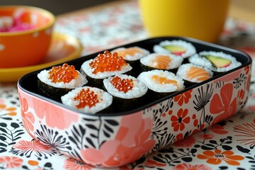 Sushi Rolls in a Floral Patterned Bento Box