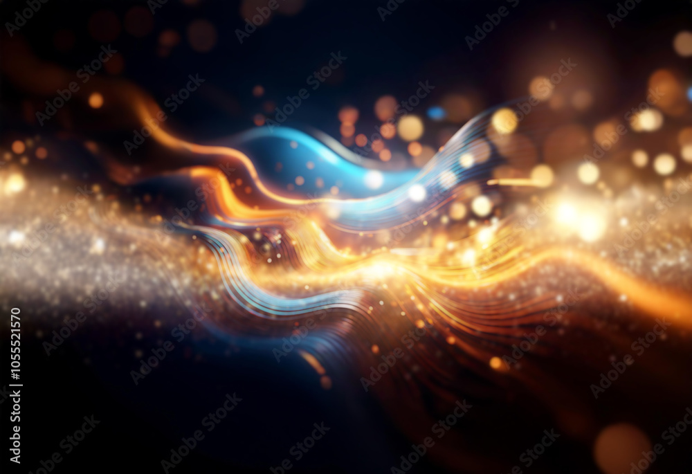 Poster abstract blue and orange light waves with bokeh and a dark background.