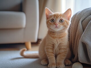 Small orange kitten with blanket