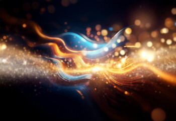 Fototapeta premium Abstract blue and orange light waves with bokeh and a dark background.