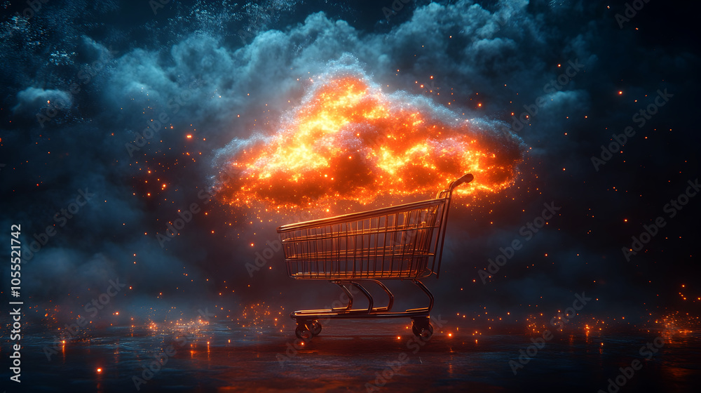 Poster raging inferno consuming a shopping cart in a cataclysmic explosion of chaos and destruction,symboli