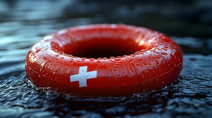 Red lifesaving buoy or ring floating in water,representing safety,rescue and emergency swimming pool equipment for swimming,recreational water activities and aquatic sports.