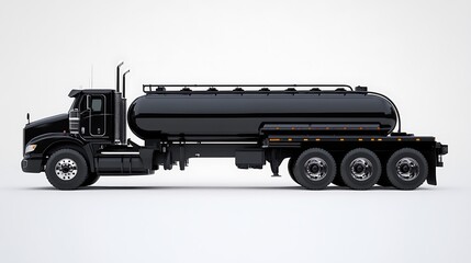 A side view of a black tanker truck designed for transporting liquids.