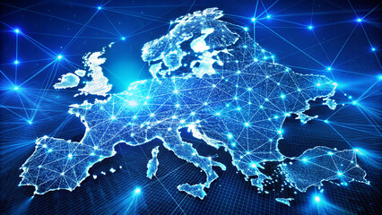 Abstract digital map concept of European global network and connectivity, data transfer and cyber technology 