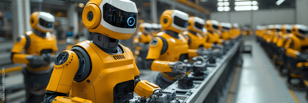 Poster row of automated orange robotic arms operating in a modern industrial factory production line,showca