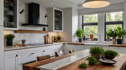A modern kitchen with sleek white cabinets, marble countertops, and pendant lighting, accented with potted herbs and wooden cutting boards for a touch of warmth 