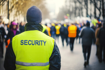 Fototapeta premium back view of Security Personnel Monitoring Crowd at Public Event in High Visibility Jacket with SECURITY Text