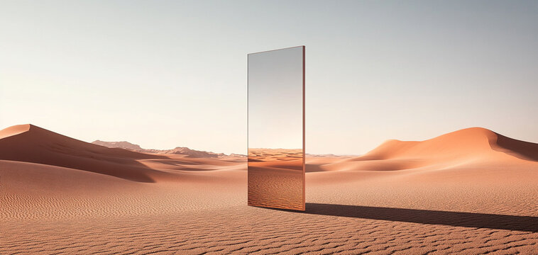 Reflective mirror in desert landscape, minimalistic serene scene with sand dunes.