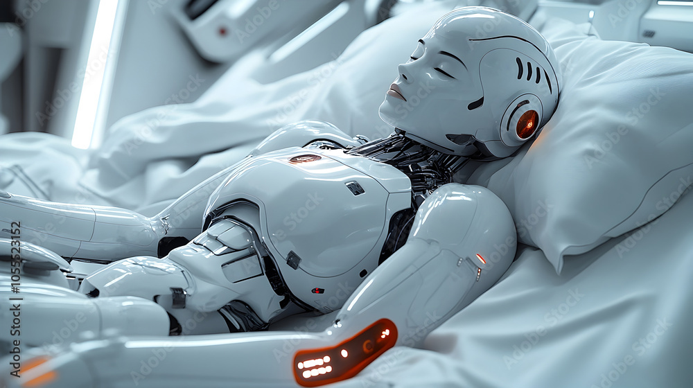 Leinwandbilder sleeping robotic humanoid with mechanical arms in futuristic digital artwork - innovative cybernetic