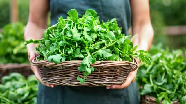 Arugula or rucola leaves are harvested. Arugula, also known as rucola, is a leafy green vegetable with a peppery flavor, often used in salads, pasta, and pizza toppings. 
