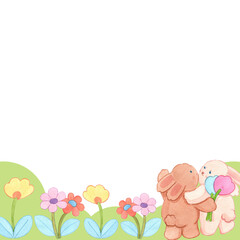 Rabbits hugging with love in a square frame watercolor illustration.