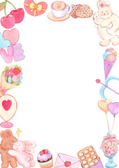 Items representing love in a vertical frame watercolor illustration.