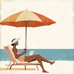 Woman relaxing on beach with laptop