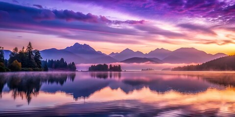 Fototapeta premium A stunning purple sunset over a serene lake with misty mountains in the background, serenity, peaceful
