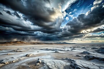 A vast and barren metallic silver colored landscape with a few rocky outcrops and a dark ominous sky, desert landscape, monochromatic colors, silver landscape