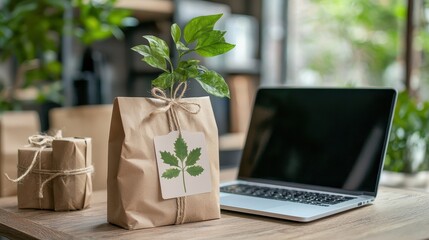 Modern Laptop on Table with Green Decor Elements