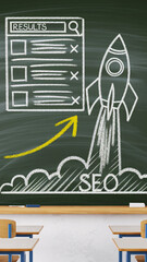 Chalkboard Classroom Setting with SEO Rocket and Search Results Illustration
