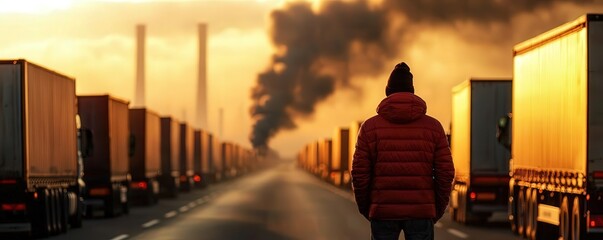 A lone figure stands among trucks, smoke billowing in the sunset, highlighting pollution.
