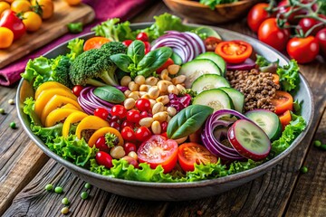A vibrant salad with mixed greens, colorful vegetables, and plant-based protein sources, whole grain bread, vegan options, spinach, chickpeas, healthy eating