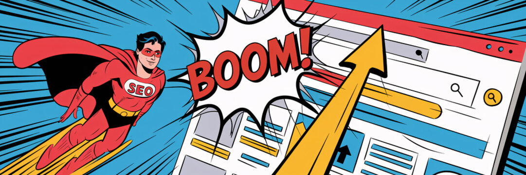 SEO Superhero Soaring Toward Search Engine Results Page with "BOOM!" Text and Upward Arrow
