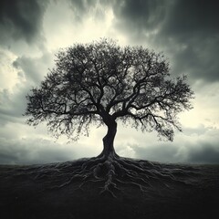 A lone tree stands tall against a stormy sky, its roots reaching deep into the earth.
