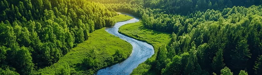 Aerial view of a winding river surrounded by lush green forests.