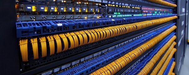 Close-up of colorful cables connected to server rack.