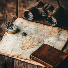 Close-Up of Vintage Travel Essentials Featuring an Old Map, Compass, and Leather Suitcase on a Rustic Wooden Table