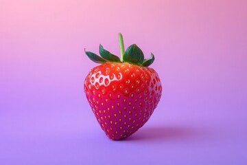 A vibrant, fresh strawberry displays its rich red color and green leaves against a smooth gradient background in pink and purple, emphasizing its natural beauty and simplicity.