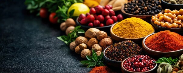 Colorful spices and herbs in bowls, arranged on a dark surface.