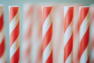 Obraz premium A collection of red and white striped straws stands upright in a clean, minimalist environment, highlighting their vibrant colors and simplicity, perfect for festive occasions or drinks.