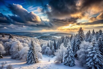 Serene Winter Landscape: Long Exposure of Snowy Trees and Dramatic Clouds