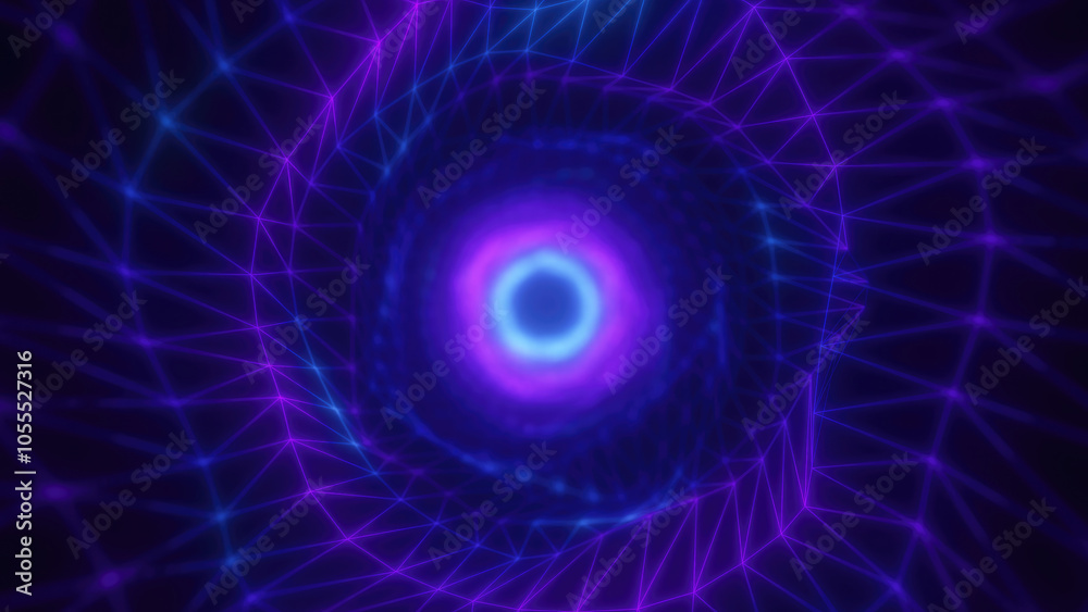 Poster a glowing blue vortex with geometric wireframe patterns converging toward the center, creating a fut