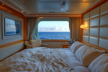 Cabin on a cruise ship, elegant suite with panoramic water view, relaxation in a modern room for a memorable voyage.