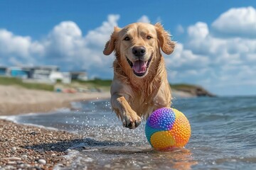 Dog joyfully playing with a colorful ball on a sunny beach.