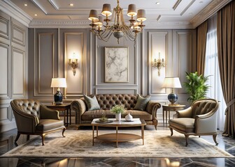 Opulent Art Deco interior featuring a plush sofa, elegant chairs, a stunning marble floor, a chic table, and a decorative lamp in a vivid 3D render.