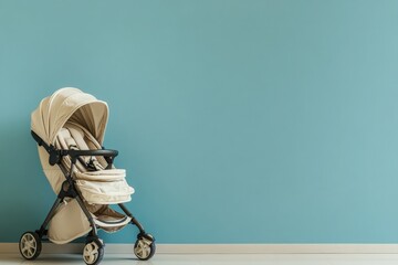 A modern stroller with a sleek design rests against a vibrant blue wall, showcasing its elegant features. The environment is minimalistic and tidy, highlighting the strollers aesthetics.