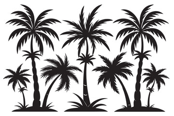 Fototapeta premium Nine black palm tree silhouettes of varying shapes and sizes on a white background create a tropical vibe.