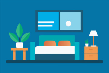 Fototapeta premium A cozy bedroom with a blue backdrop, double bed, colorful pillows, green plant, and lamp. Peaceful and warm ambiance with natural light flowing in.