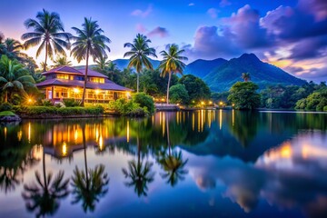 Obraz premium Tropical lakeside hotel at dusk, showcasing tranquil photography that highlights serene reflections, lush surroundings, and a peaceful ambiance perfect for vacation escape inspirations.