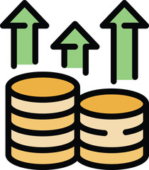 This vector illustration features stacks of coins with upward arrows, symbolizing financial growth and successful investment strategies