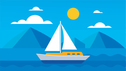Naklejka premium A cartoonish sailboat on a white sea with green hills, blue skies, and an orange sun creates a serene, refreshing maritime scene.