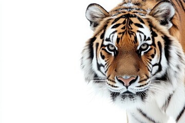 Fototapeta premium A solitary tiger strides through pristine snow, its striking fur contrasting beautifully with the white surroundings. The cold winter air envelops this powerful animal, showcasing its grace.
