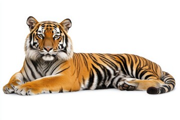 Obraz premium A striking tiger lies relaxed in the center, showcasing its vibrant orange fur and bold black stripes against a plain backdrop. It appears calm and regal in this tranquil moment.