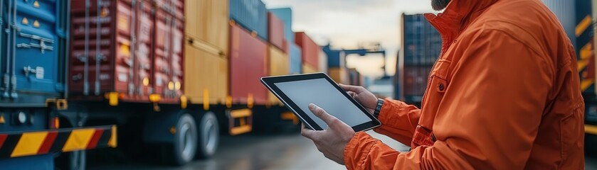 Logistics worker using a tablet at a shipping container yard with trucks.
