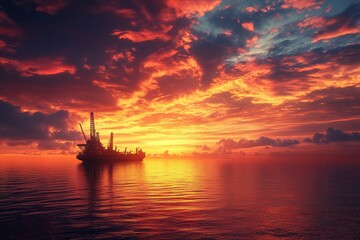 Fototapeta premium Offshore oil and gas jackup platform, during cargo operations with supply vessel in the sea and beautiful colourful sunset sky. Generative ai