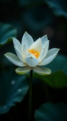 A single white lotus flower blooms against a dark green background.