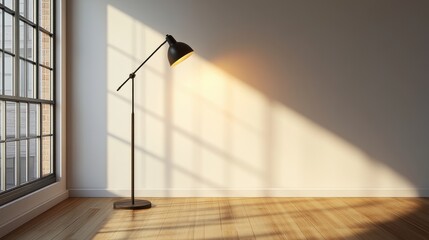 A sleek lamp stands alone against a bright white wall, casting soft light in a minimalist space