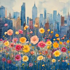 Dreamy Watercolor Scene of Vibrant Wildflowers in Full Bloom Under Soft Natural Light